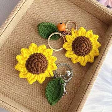 Women's Colorful Handmade Sunflower Key Chain Car Key Ring Pendant for Purse Ornament Handbag Bag, Earphone Case Decoration (Yellow Bell-Dark Green Leaf)