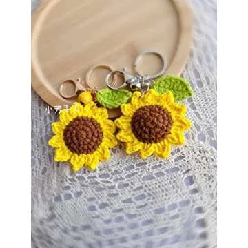 Women's Colorful Handmade Sunflower Key Chain Car Key Ring Pendant for Purse Ornament Handbag Bag, Earphone Case Decoration (Yellow Bell-Dark Green Leaf)