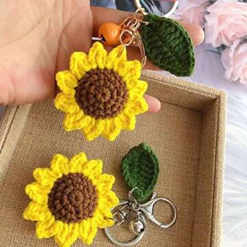 Women's Colorful Handmade Sunflower Key Chain Car Key Ring Pendant for Purse Ornament Handbag Bag, Earphone Case Decoration (Yellow Bell-Dark Green Leaf)