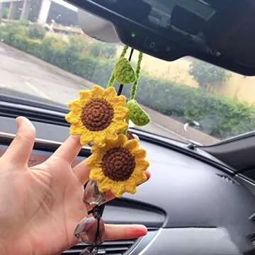 Women's Colorful Handmade Sunflower Key Chain Car Key Ring Pendant for Purse Ornament Handbag Bag, Earphone Case Decoration (Yellow Bell-Dark Green Leaf)