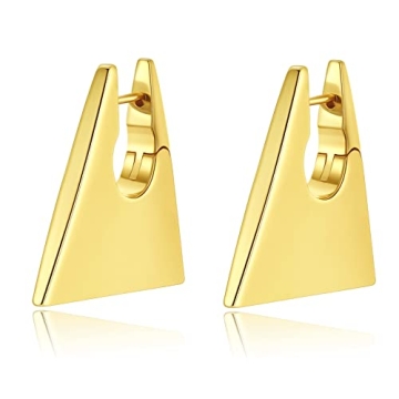 HIUS 18K Gold Plated Chunky Triangle Hoop Earrings for Women, Geometric Drop Dangle Earrings, Statem...