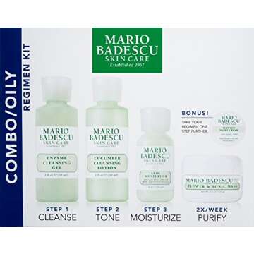 Mario Badescu Combo/Oily Regimen 5 Piece Kit, Skincare Gift Set Includes Enzyme Cleansing Gel, Cucumber Cleansing Lotion, SPF 15 Aloe Moisturizer, Flower & Tonic Mask and Seaweed Night Cream