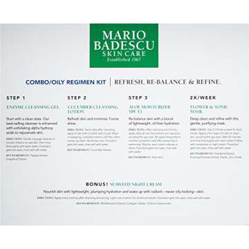 Mario Badescu Combo/Oily Regimen 5 Piece Kit, Skincare Gift Set Includes Enzyme Cleansing Gel, Cucumber Cleansing Lotion, SPF 15 Aloe Moisturizer, Flower & Tonic Mask and Seaweed Night Cream
