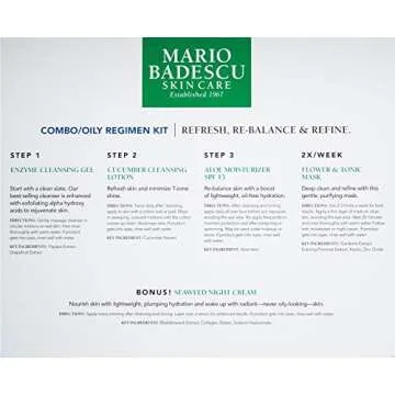 Mario Badescu Combo/Oily Regimen 5 Piece Kit, Skincare Gift Set Includes Enzyme Cleansing Gel, Cucumber Cleansing Lotion, SPF 15 Aloe Moisturizer, Flower & Tonic Mask and Seaweed Night Cream