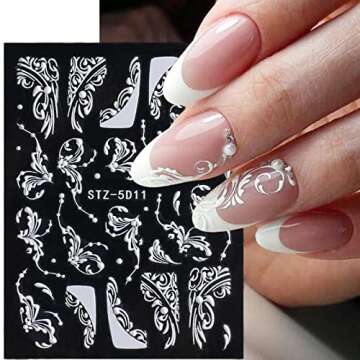 YOSOMK Nail Art Stickers 8 Sheets 5D Embossed Nail Decals White Lace Nail Art Supplies Self-Adhesive Nail Sticker Decoration
