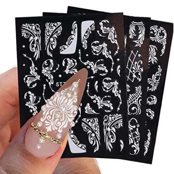 YOSOMK Nail Art Stickers 8 Sheets 5D Embossed Nail Decals White Lace Nail Art Supplies Self-Adhesive Nail Sticker Decoration