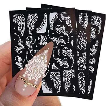 YOSOMK Nail Art Stickers 8 Sheets 5D Embossed Nail Decals White Lace Nail Art Supplies Self-Adhesive Nail Sticker Decoration