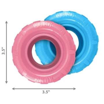 KONG Puppy Tires - Dog Chew Toy for Puppies - Stuffable Dog Toy for Treats & Snacks - Natural Rubber Chew Toy for Teething Puppy - for Small Puppies - Assorted Colors