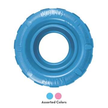 KONG Puppy Tires - Dog Chew Toy for Puppies - Stuffable Dog Toy for Treats & Snacks - Natural Rubber Chew Toy for Teething Puppy - for Small Puppies - Assorted Colors