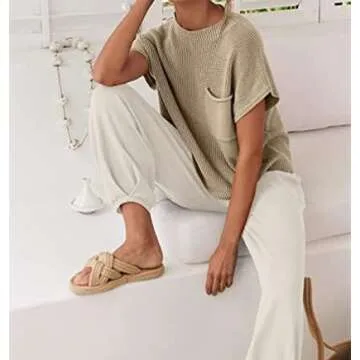 Biivrii Women Ribbed Knit 2 Piece Outfits Long Sleeve Zipper-Up Slim Fit Hooded Crop Tops High Waist Long Pants Loungewear