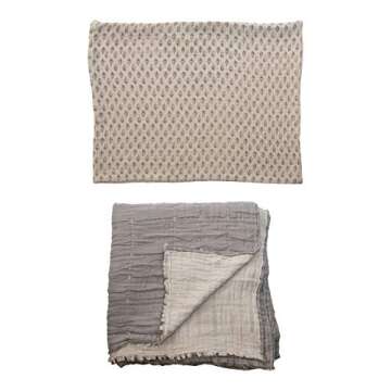 Creative Co-Op Cotton Stitched Bed Cover with 2 Patterned Shams, King, Cream Color & Grey, Set of 3 Bedspread, 3