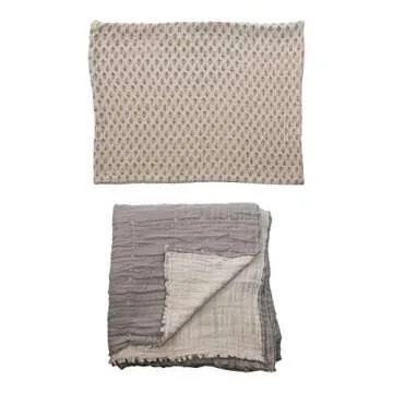 Creative Co-Op Cotton Stitched Bed Cover with 2 Patterned Shams, King, Cream Color & Grey, Set of 3 Bedspread, 3