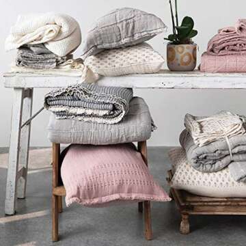 Creative Co-Op Cotton Stitched Bed Cover with 2 Patterned Shams, King, Cream Color & Grey, Set of 3 Bedspread, 3