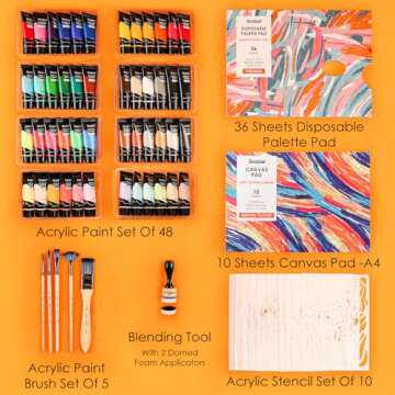 Grabie Acrylic Paint Set: 48 Colors with Brushes & Tools for Art Enthusiasts