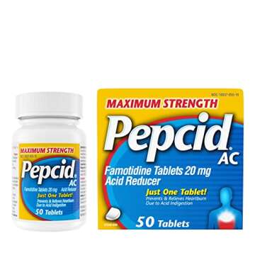 Pepcid AC Maximum Strength Heartburn Relief Tablets, OTC Medicine Prevents & Relieves Heartburn Due to Acid Indigestion & Sour Stomach, 20mg Famotidine Acid Reducer, Fast-Acting, 50 ct