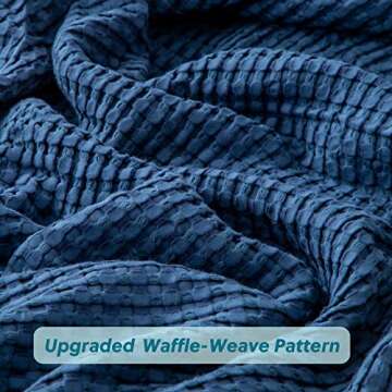 Bedsure Cooling Cotton Waffle Queen Size Blanket - Lightweight Breathable Blanket of Rayon Derived from Bamboo for Hot Sleepers, Luxury Throws for Bed, Couch and Sofa, Navy, 90x90 Inches