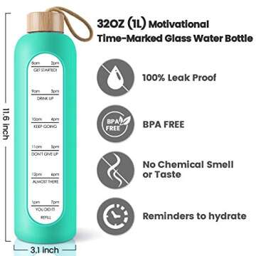 PROBTTL 32 Oz Borosilicate Glass Water Bottle with Time Marker Reminder Quotes, Leak Proof Design, B...