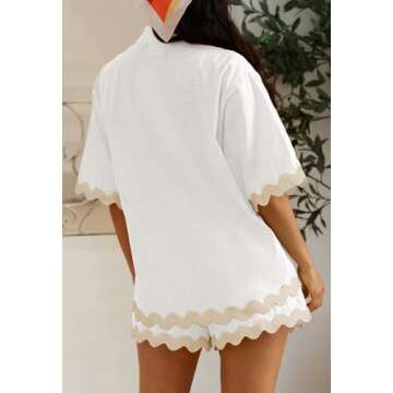 Fixmatti 2 Piece Sets for Women Summer Short Sleeve Button Up Shorts Sets Contrast Wavy Loungewear White S