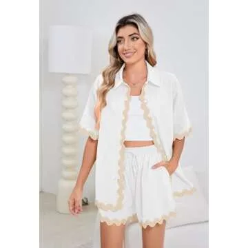 Fixmatti 2 Piece Sets for Women Summer Short Sleeve Button Up Shorts Sets Contrast Wavy Loungewear White S