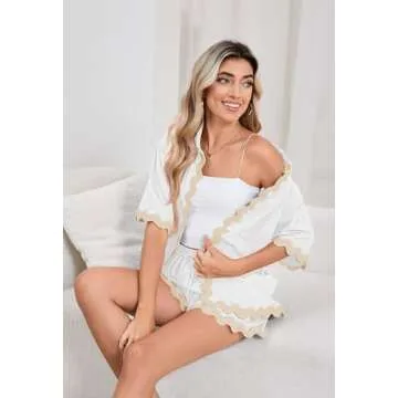 Fixmatti 2 Piece Sets for Women Summer Short Sleeve Button Up Shorts Sets Contrast Wavy Loungewear White S