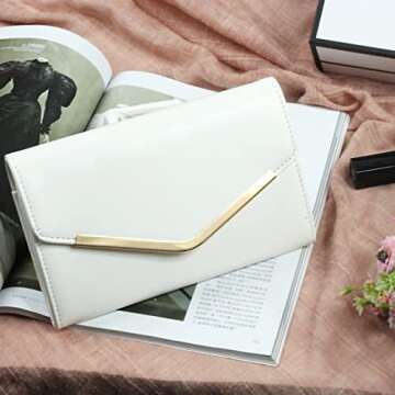 Autumnwell Clutch Purse Evening Bag for Women，White Envelope Handbag With Detachable Chain for Wedding and Party