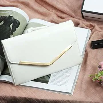 Autumnwell Clutch Purse Evening Bag for Women，White Envelope Handbag With Detachable Chain for Wedding and Party