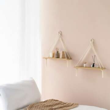 Dahey Macrame Hanging Shelf Boho Wall Decor Bedroom 2 Packs Rustic Wood Floating Shelves for Room Nu...
