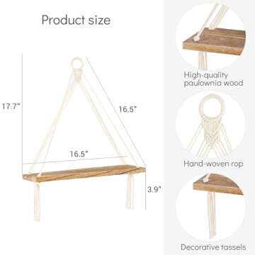 Dahey Macrame Hanging Shelf Boho Wall Decor Bedroom 2 Packs Rustic Wood Floating Shelves for Room Nursery Bathroom Living Room College Dorm Storage for Hanging Plants Photos, White