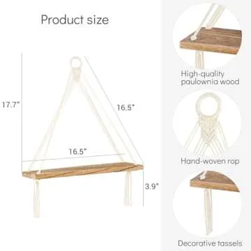 Dahey Macrame Hanging Shelf Boho Wall Decor Bedroom 2 Packs Rustic Wood Floating Shelves for Room Nursery Bathroom Living Room College Dorm Storage for Hanging Plants Photos, White