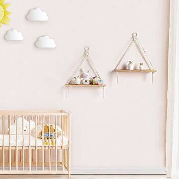 Dahey Macrame Hanging Shelf Boho Wall Decor Bedroom 2 Packs Rustic Wood Floating Shelves for Room Nursery Bathroom Living Room College Dorm Storage for Hanging Plants Photos, White