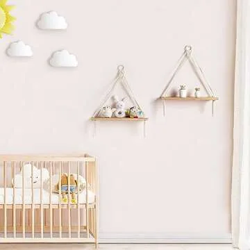 Dahey Macrame Hanging Shelf Boho Wall Decor Bedroom 2 Packs Rustic Wood Floating Shelves for Room Nursery Bathroom Living Room College Dorm Storage for Hanging Plants Photos, White