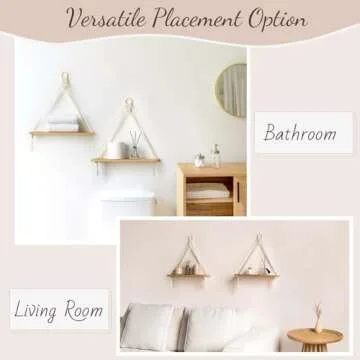 Dahey Macrame Hanging Shelf Boho Wall Decor Bedroom 2 Packs Rustic Wood Floating Shelves for Room Nursery Bathroom Living Room College Dorm Storage for Hanging Plants Photos, White