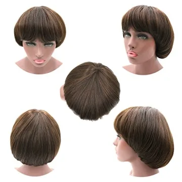 NEWPECK Afro Girls Cosplay Mushroom Wig Short Haircut With Bangs Bob Wig For Black Women (Brown)