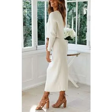 chouyatou Women's Ribbed Sweater Sets Crop Top and Maxi Bodycon Skirt Sets 2 Piece Outfits (Small, White)