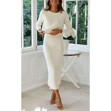 chouyatou Women's Ribbed Sweater Sets Crop Top and Maxi Bodycon Skirt Sets 2 Piece Outfits (Small, White)