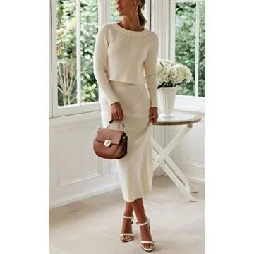 chouyatou Women's Ribbed Sweater Sets Crop Top and Maxi Bodycon Skirt Sets 2 Piece Outfits (Small, White)