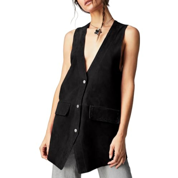 Locachy Women's Vintage Suede Vest Casual Button Down Waistcoat Steampunk Dress with Pockets Black L