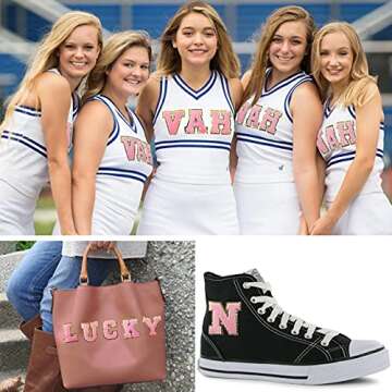 Zogify Iron on Letter Patches A-Z Gold Glitters & Pink Chenill,Varsity Initial Patches,Adhesive Sticker Letter Patch for Team Costume Decoration 3.1in Height Repair Patches（Pink A-Z）