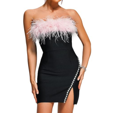 Bella Barnett Mini Bandage Dress - Elegant Black Strapless Style with Feathers and Rhinestones