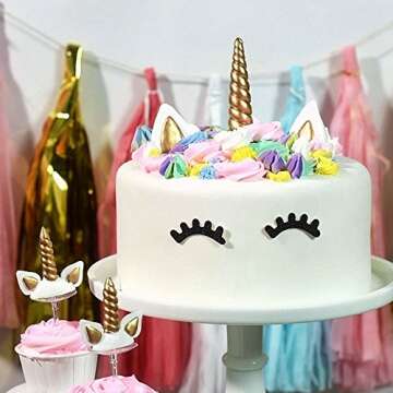 Yashell Topper, Reusable Gold Horn,Ears and Eyelashes Cake Value Set for Unicorn Party Decoration for Baby Shower，Weddin