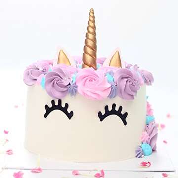 Yashell Topper, Reusable Gold Horn,Ears and Eyelashes Cake Value Set for Unicorn Party Decoration for Baby Shower，Weddin