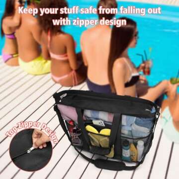 F-color Mesh Beach Bag - 9 Pockets Oversized Beach Tote Bag with Zipper Pool Bag, Black