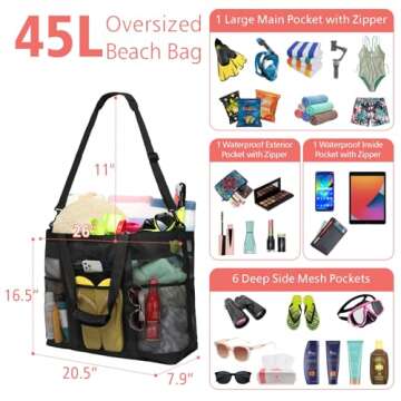 F-color Mesh Beach Bag with 9 Pockets for Ultimate Convenience