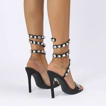 LISHAN Women's Sparkly Rhinestones High Heels Round Open Toe Stilettos Pull On Ankle Wrap Slim High ...