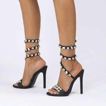 LISHAN Women's Sparkly Rhinestones High Heels Round Open Toe Stilettos Pull On Ankle Wrap Slim High Heels 5 Inches Satin Slingback Nightclub Dating Sandals Wedding Heels Black Size 9