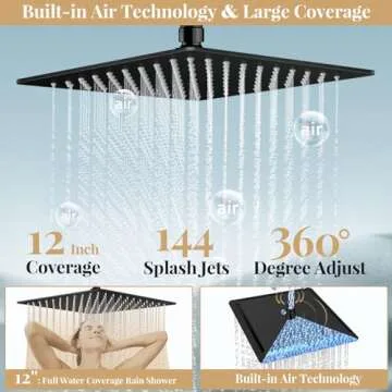 12'' Rain Shower Head with Handheld Spray, Black Shower Head High Pressure with 16'' Flexible Adjustment of Height/Angle Upgraded Extension Arm and 5 Setting Handheld Shower Head with Hose, Anti-leak