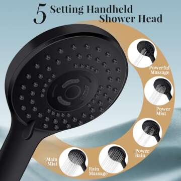 12'' Rain Shower Head with Handheld Spray, Black Shower Head High Pressure with 16'' Flexible Adjustment of Height/Angle Upgraded Extension Arm and 5 Setting Handheld Shower Head with Hose, Anti-leak