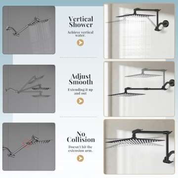 12'' Rain Shower Head with Handheld Spray, Black Shower Head High Pressure with 16'' Flexible Adjustment of Height/Angle Upgraded Extension Arm and 5 Setting Handheld Shower Head with Hose, Anti-leak