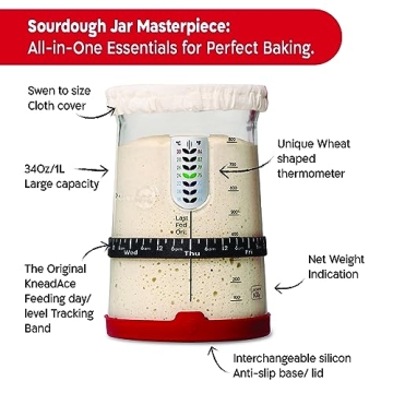 KneadAce Pro Sourdough Bread Starter Kit- 34 oz Large Capacity Sourdough Starter Jar with 5 unique features for the perfect sour dough bread & sourdough starter kit- sourdough bread baking supplies