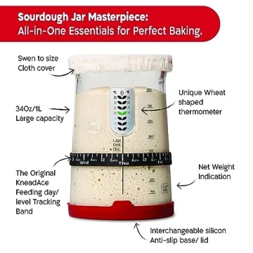 KneadAce Pro Sourdough Bread Starter Kit- 34 oz Large Capacity Sourdough Starter Jar with 5 unique features for the perfect sour dough bread & sourdough starter kit- sourdough bread baking supplies